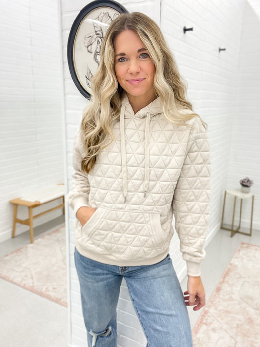 Cozied Up Quilted Knit Hooded Pullover Cream