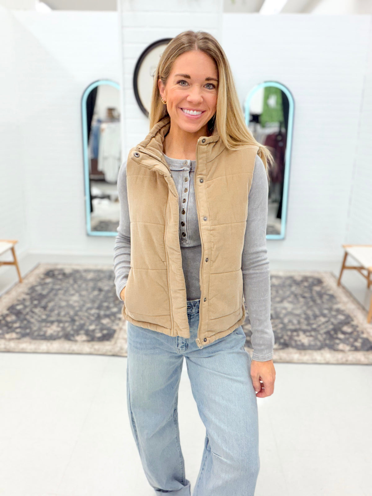Down Time Corduroy Puffer Vest Taupe
