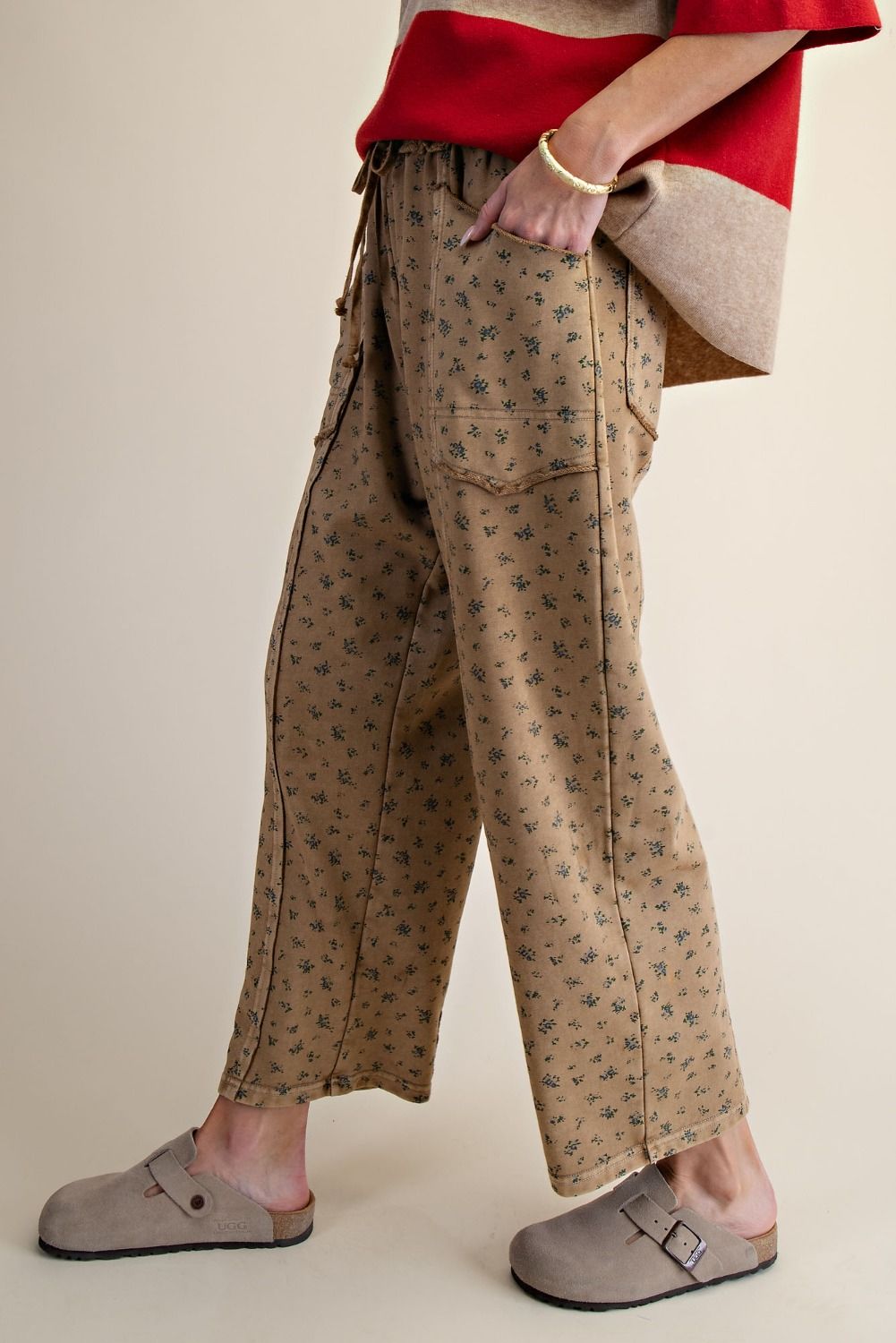 Darling Ditsy Floral Mineral Wash Barrel Pants Almond