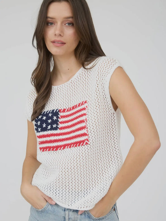 American Flag Crochet Knit Sweater Top Ivory Extended