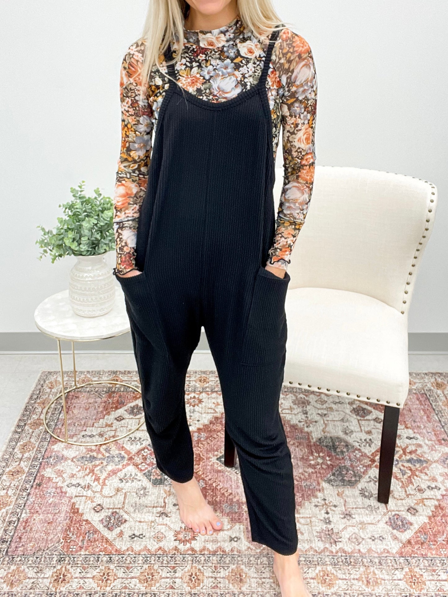 The Rosie Ribbed Harem Jumpsuit Black