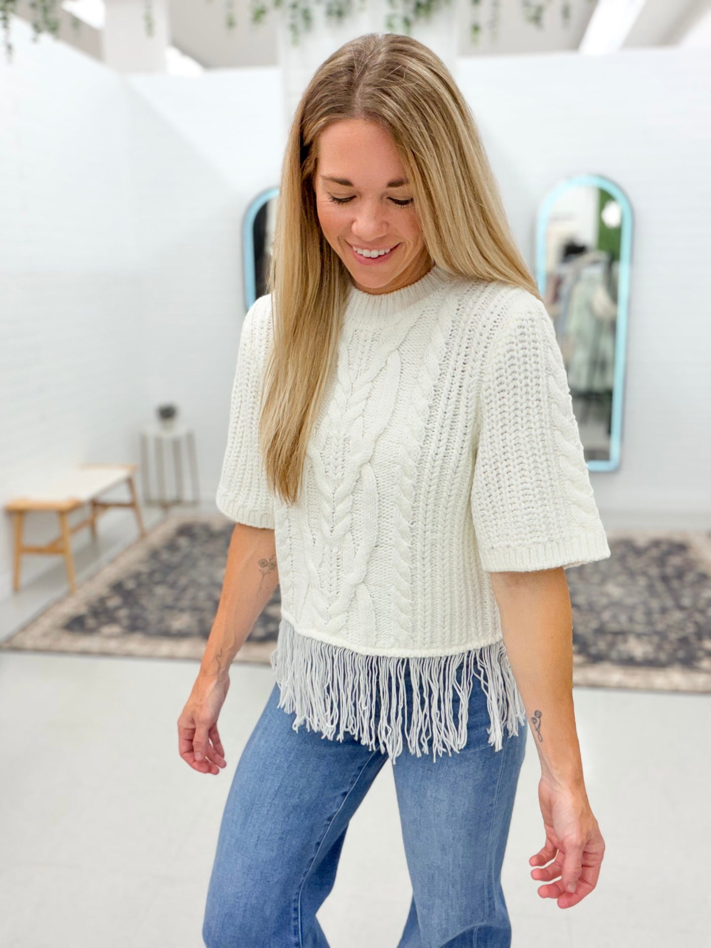 Feeling Famous Cable Knit Fringe Hem Sweater Cream