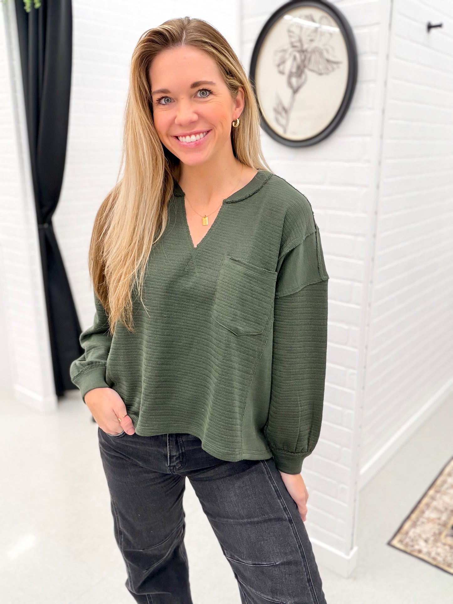 Still Got It Split V Neck Knit Top Dark Olive