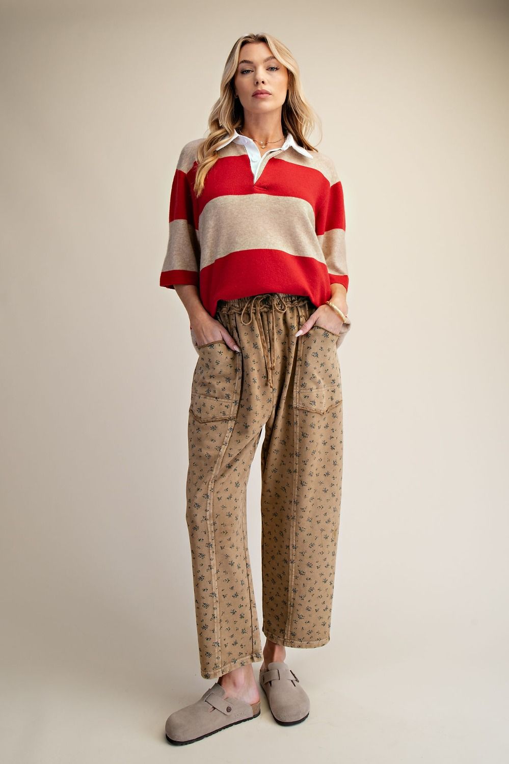 Darling Ditsy Floral Mineral Wash Barrel Pants Almond