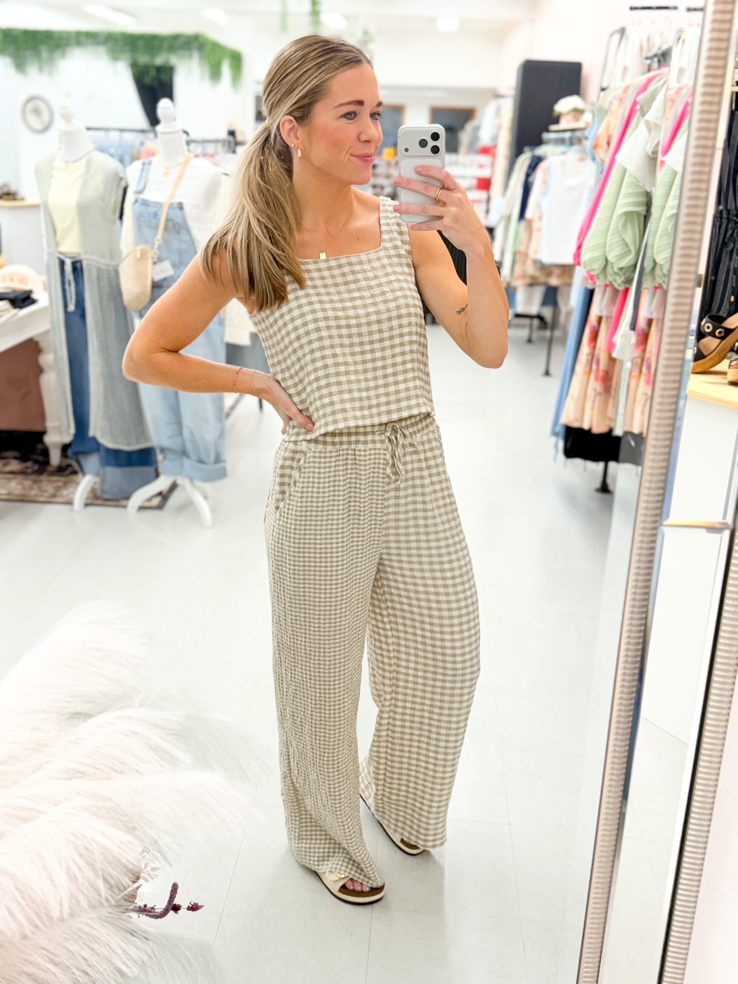 Go Girl Cotton Gingham Set Tan/Cream