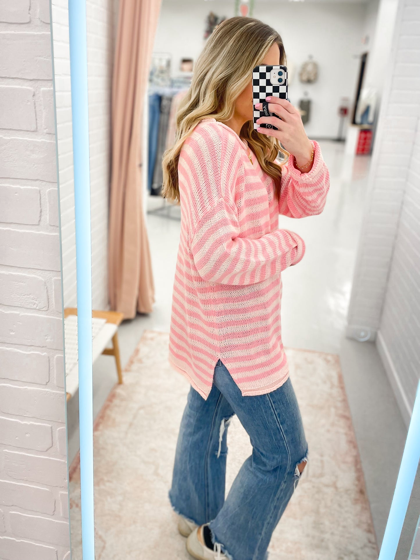 Weekend View Striped Knit Sweater Pink S-3X