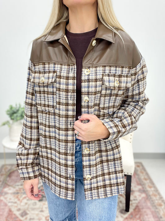 Be Still Mixed Plaid Leather Jacket Brown