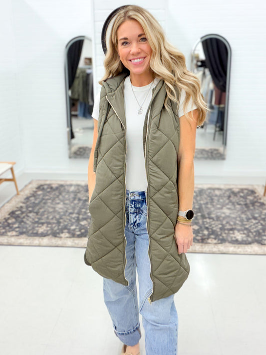 Bundle Up Quilted Puffer Long Hooded Vest Olive