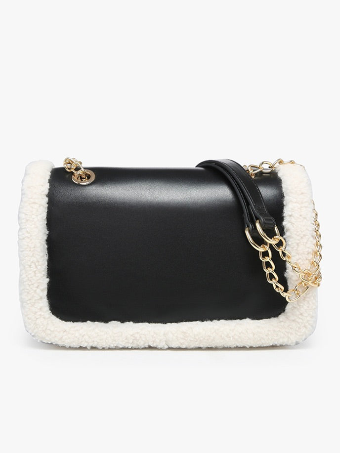 Coco Sherpa Trim Crossbody With Chain Strap Black