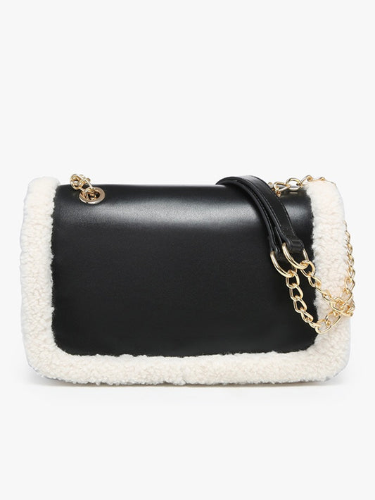 Coco Sherpa Trim Crossbody With Chain Strap Black