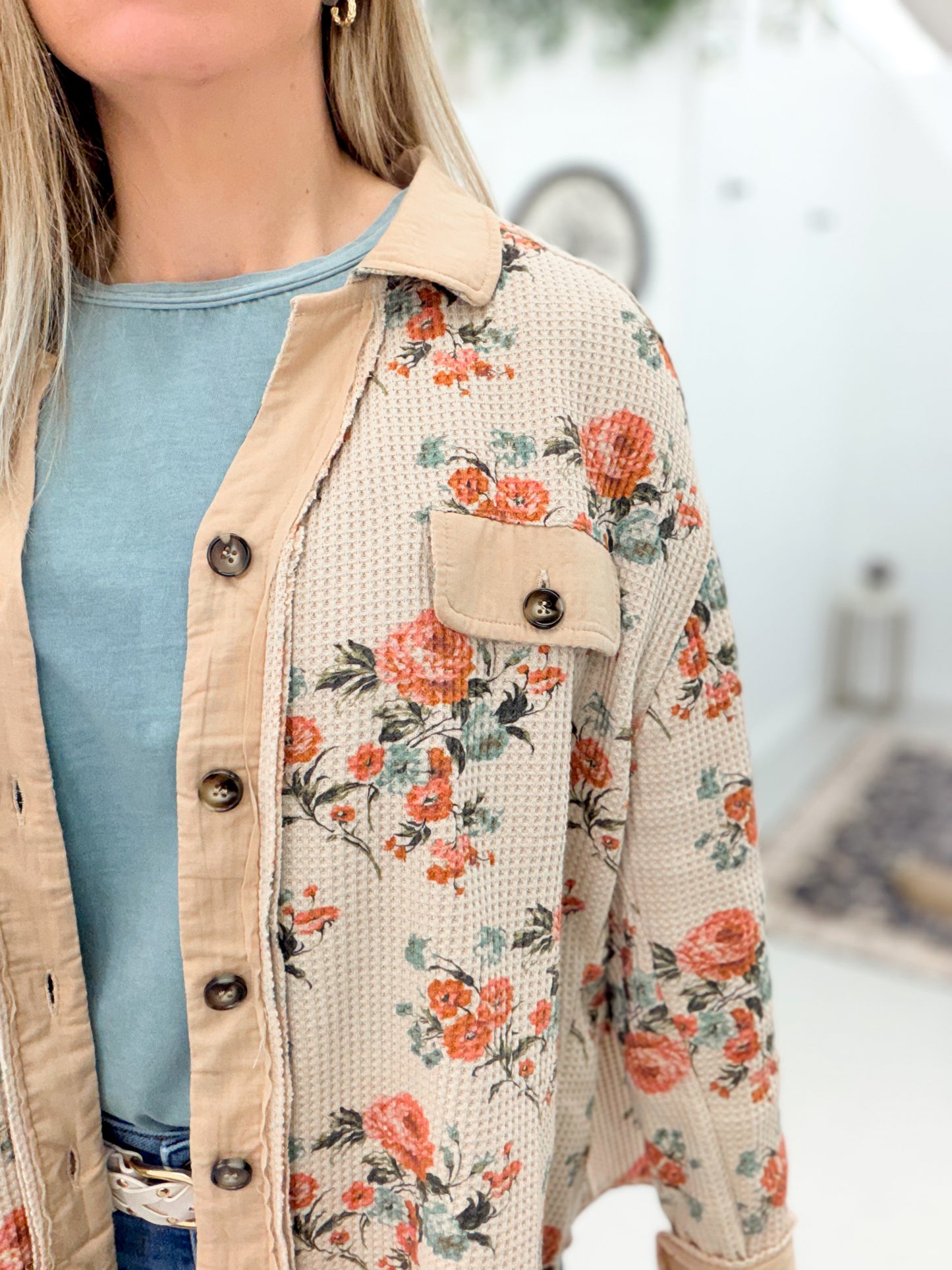 Bloom Today Floral Print Washed Waffle Shirt Jacket Taupe