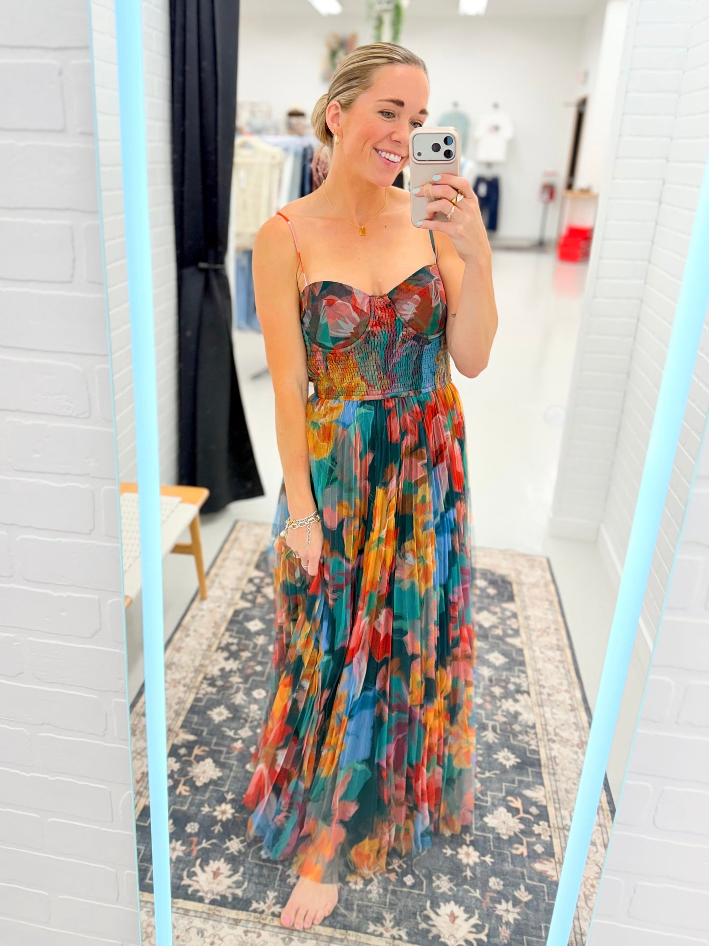 The Camille Pleated Floral Tulle Maxi Dress Multicolor