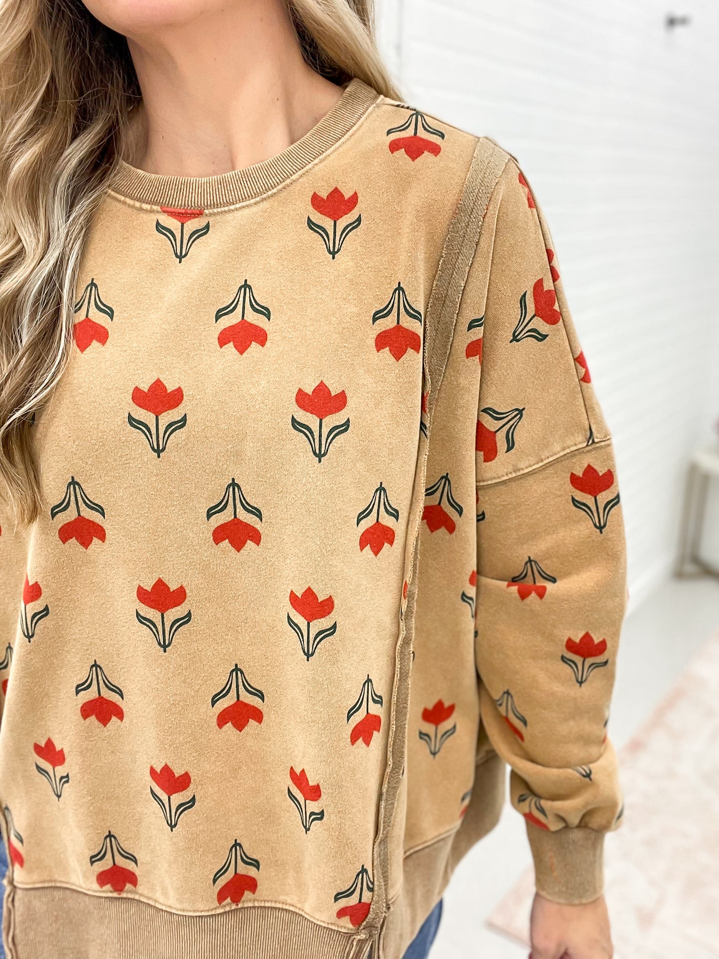 Rooted In Flower Print Mineral Wash Pullover Camel