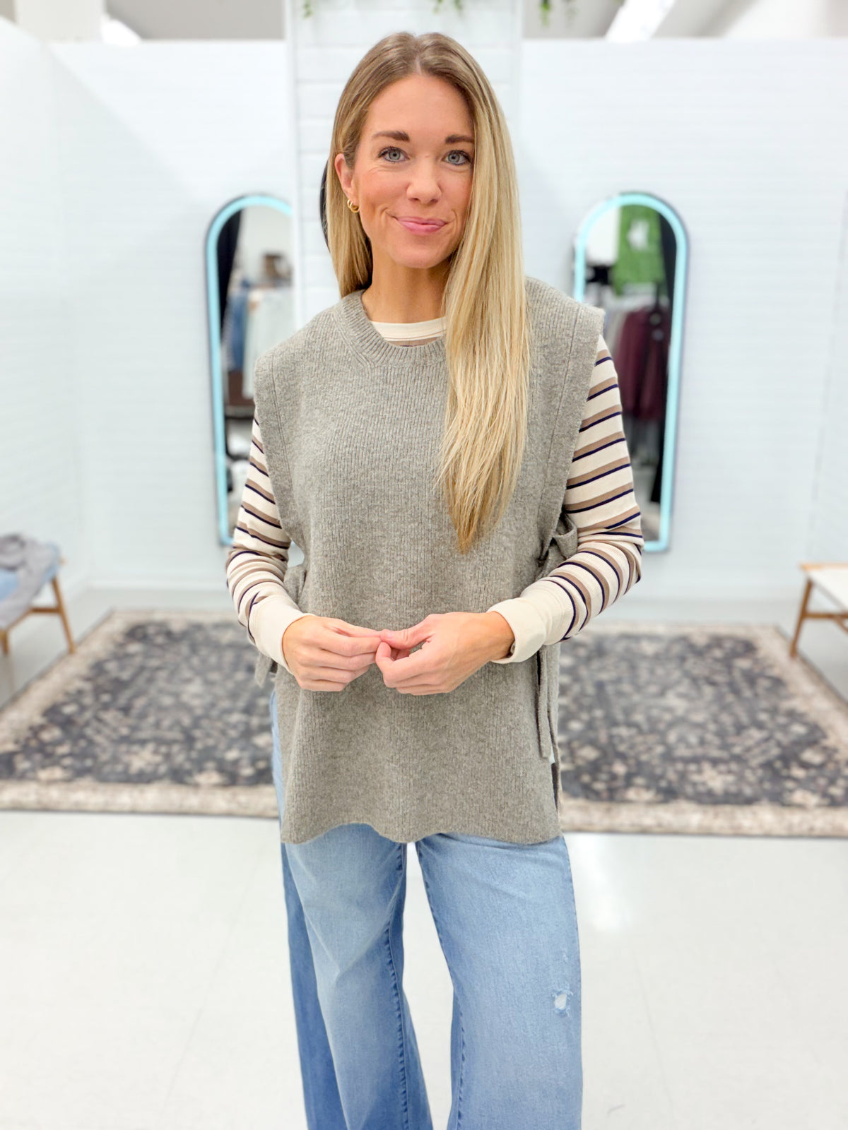 Unforgettable Side Tie Open Knit Sleeveless Sweater Taupe
