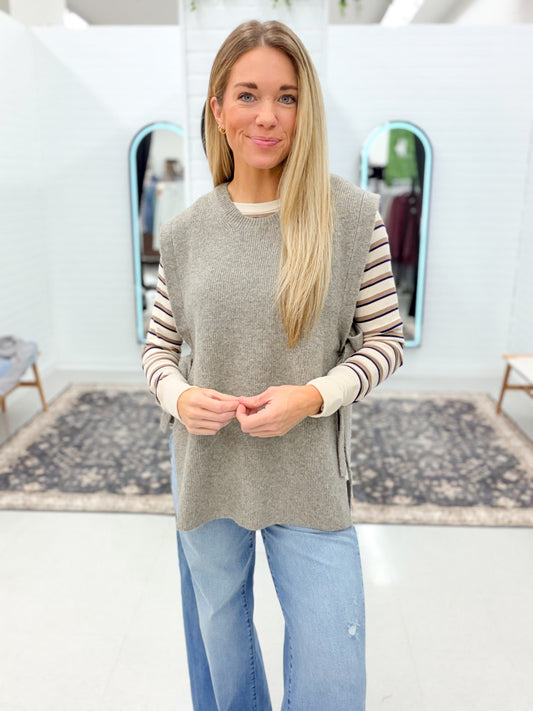 Unforgettable Side Tie Open Knit Sleeveless Sweater Taupe