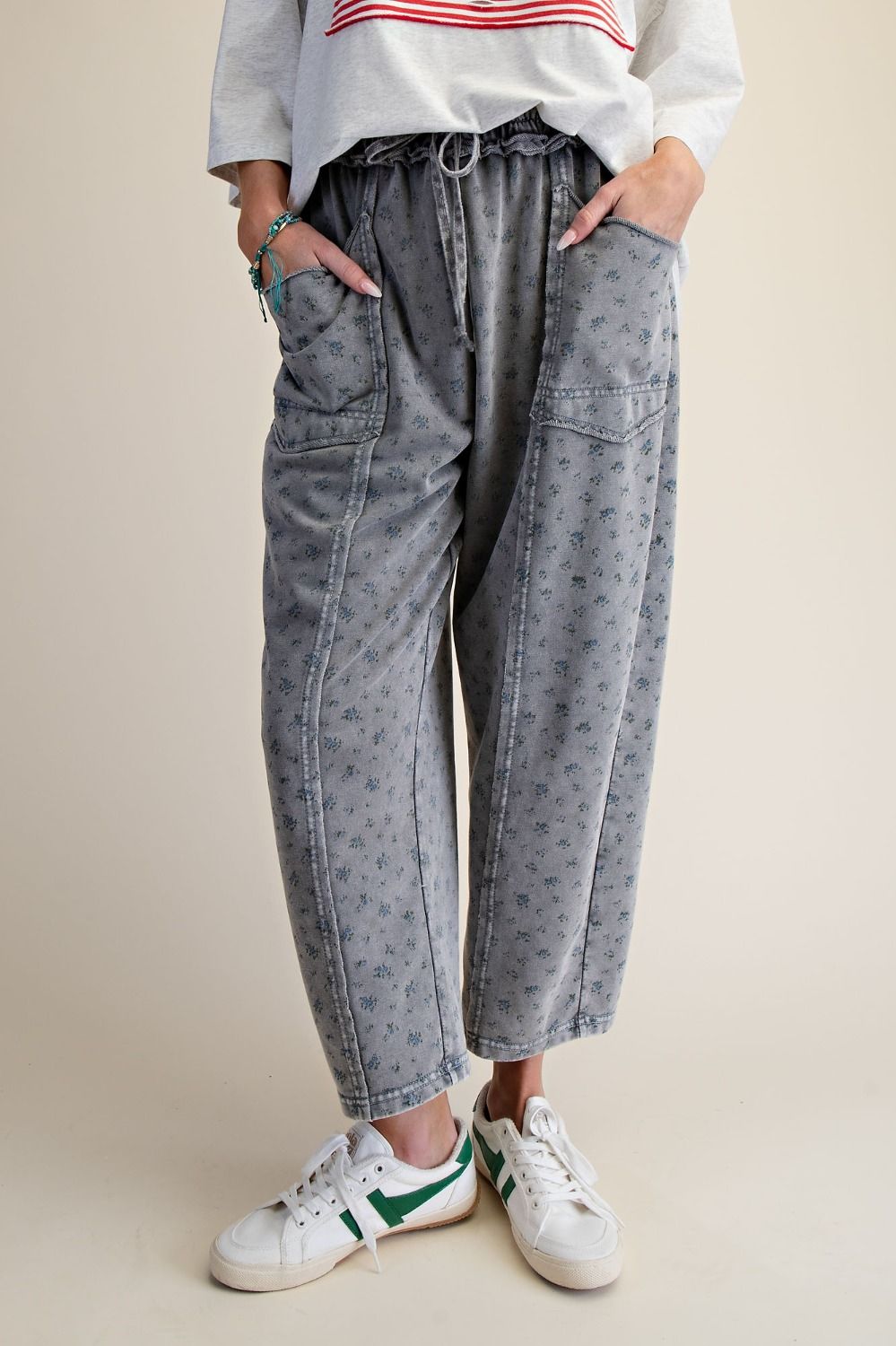 Darling Ditsy Floral Mineral Wash Barrel Pants Ash