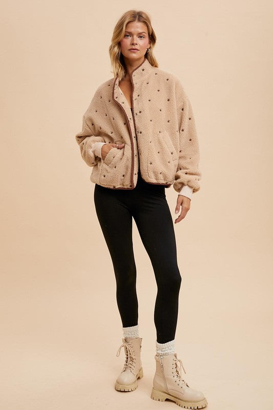 The Sadie Star Embroidered Fleece Jacket Tan