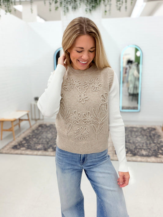 Next Time Floral Embroidered Sweater Vest Mocha