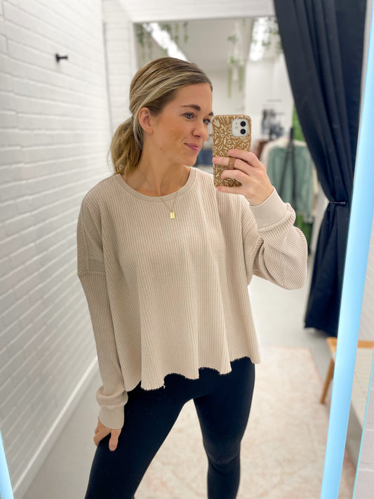 Her Time Waffle Knit Open Back Long Sleeve Top Dark Taupe