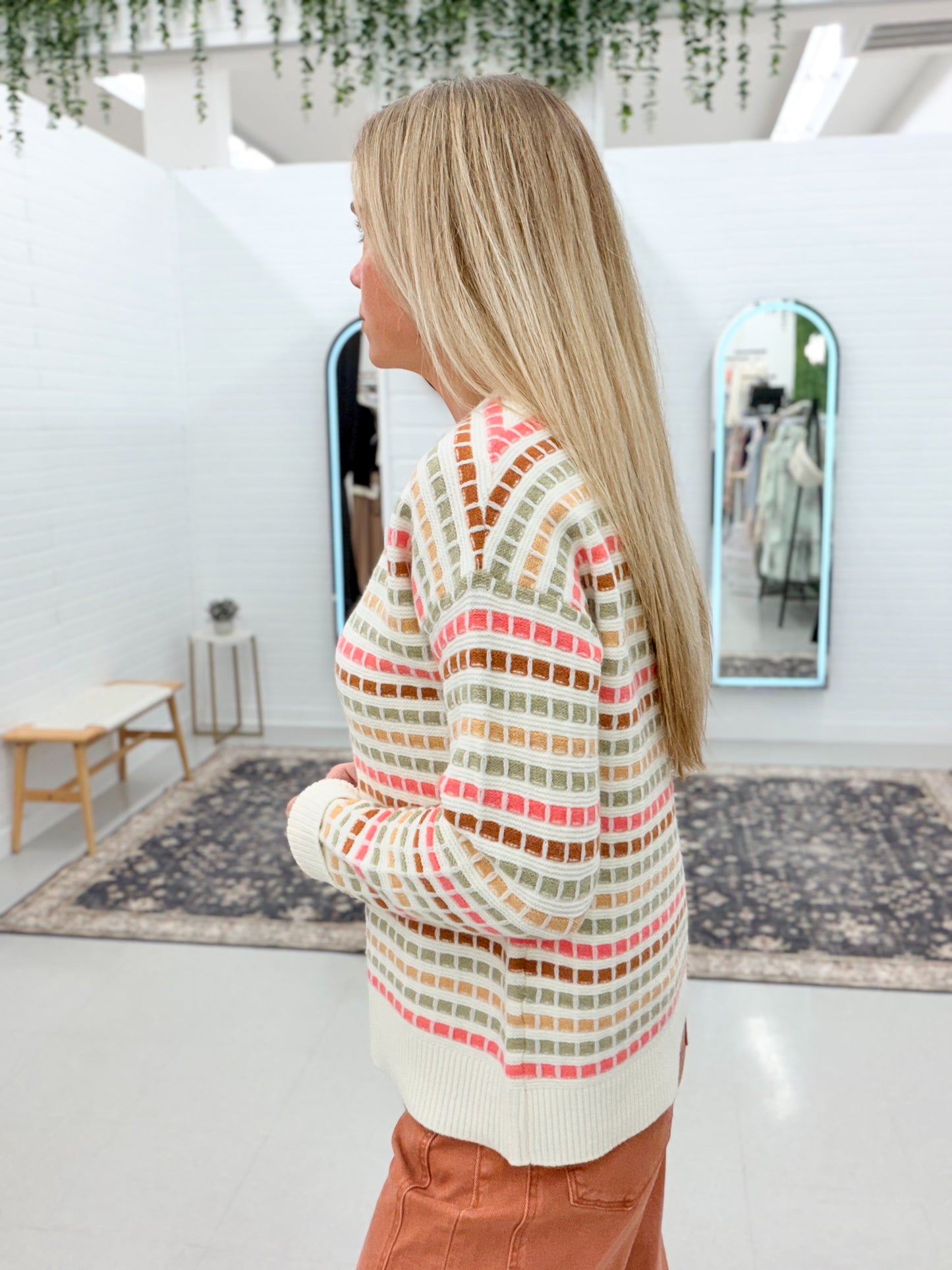 First Look Textured Multicolor Stripe Sweater Pink/Olive