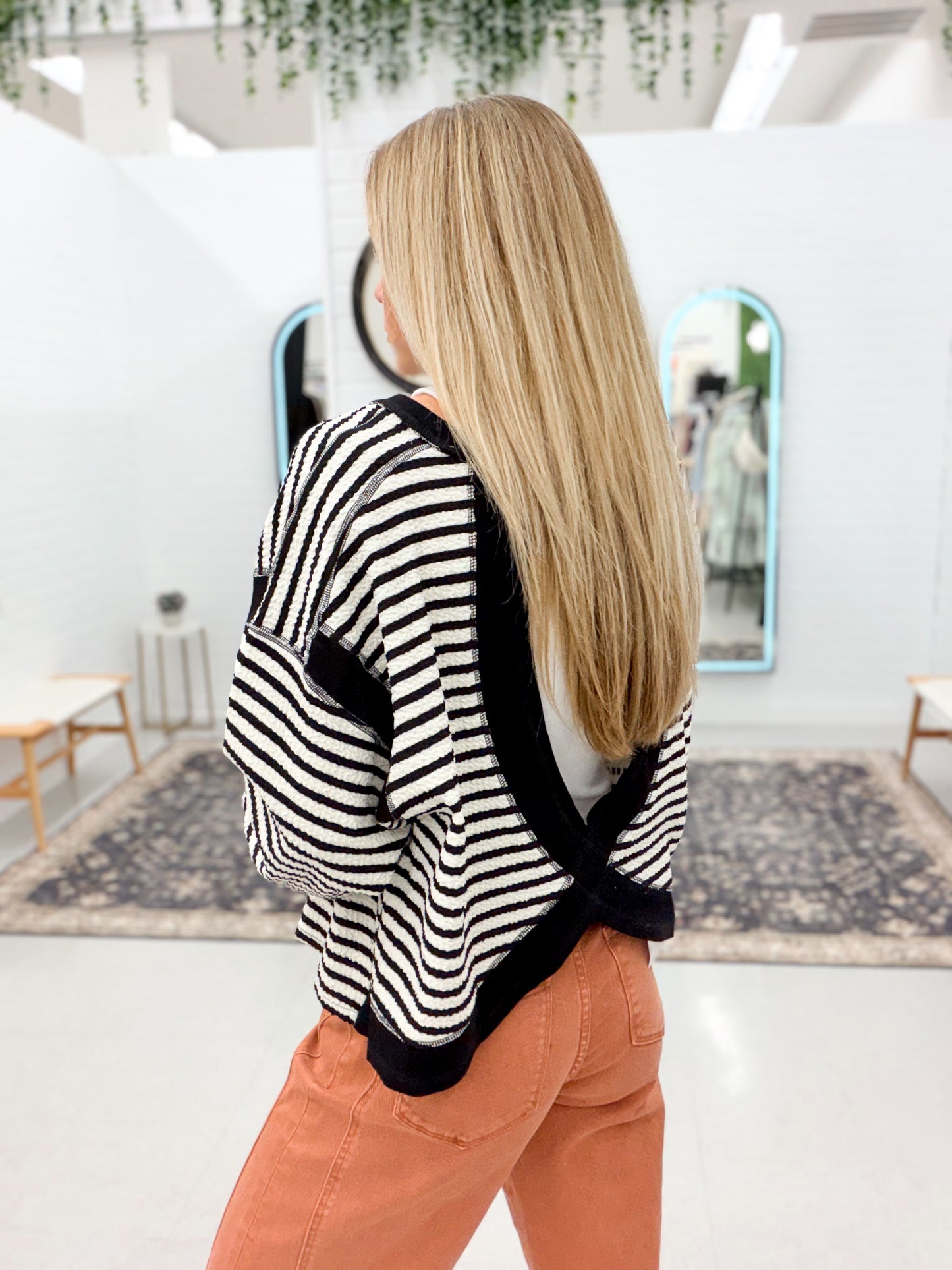 Never Know Stripe Contrast Back Cut-Out Detail Top Black
