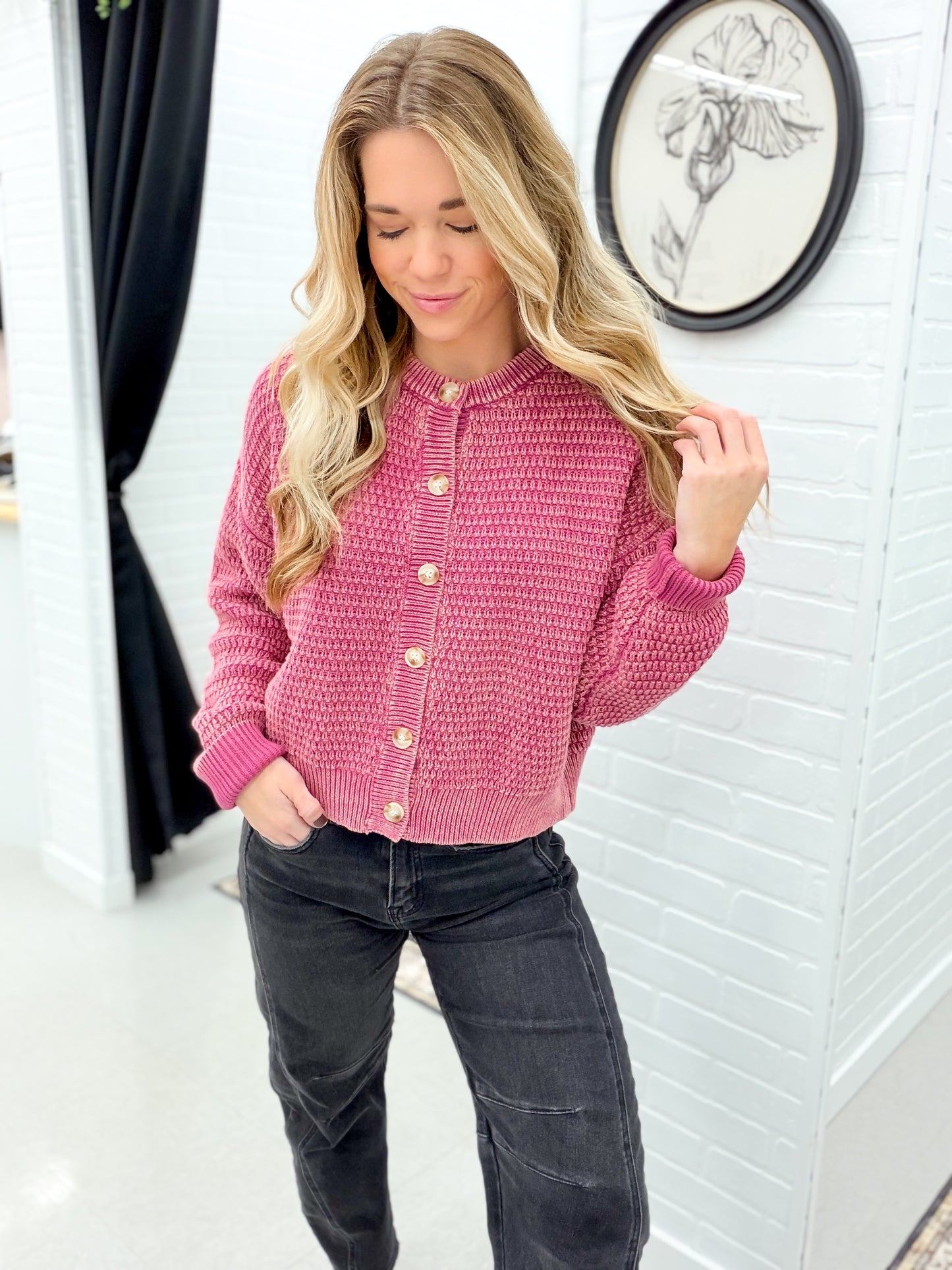Looking Back Mineral Wash Cable Knit Button Cardigan Fuchsia Small, Large