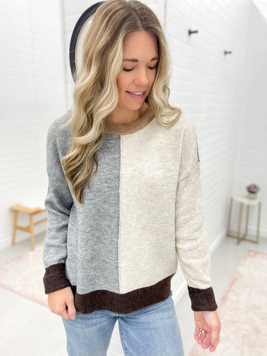 Where Are You Color Block Knit Sweater Gray