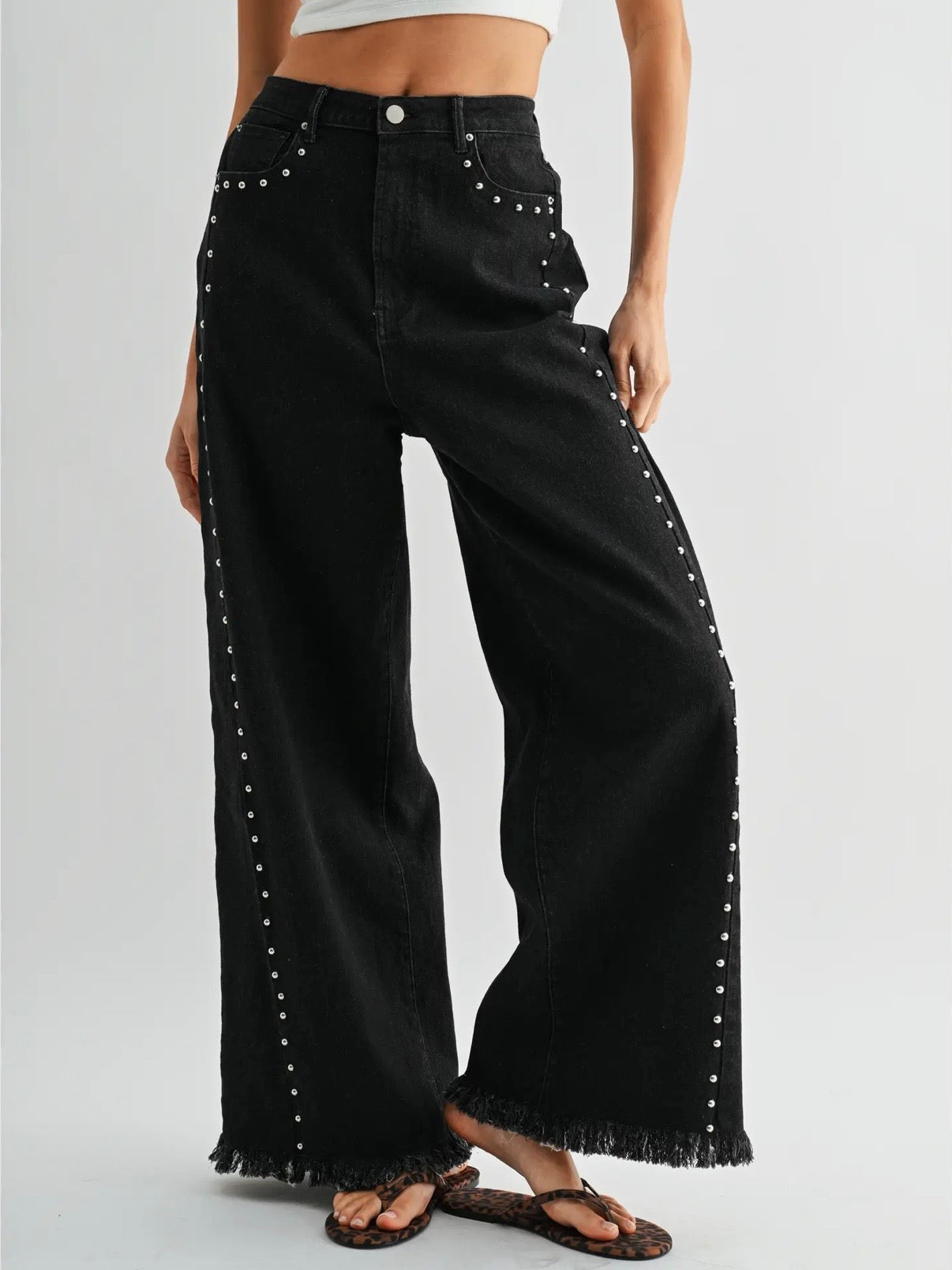 The Leah High Waisted Wide Leg Denim Stud Pants Black