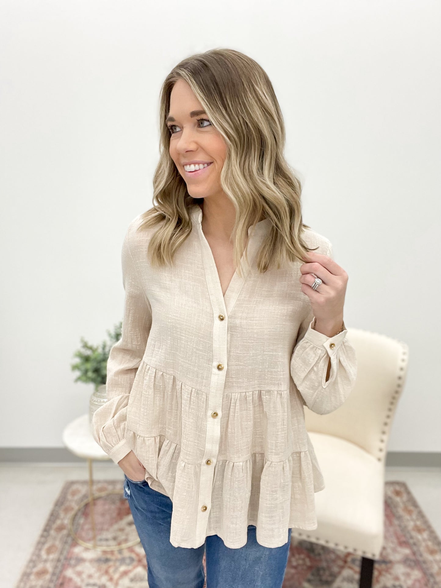 Never Leave Button Down Blouse Oatmeal