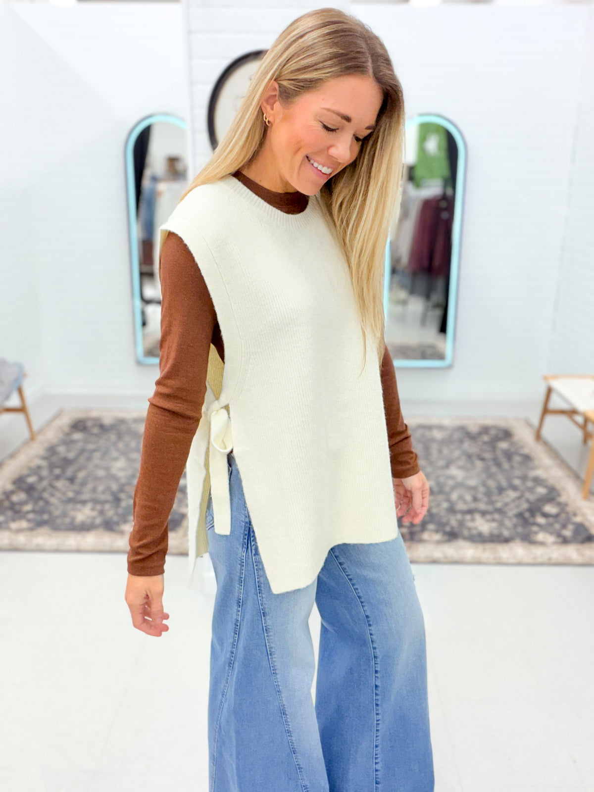 Unforgettable Side Tie Open Knit Sleeveless Sweater Ivory