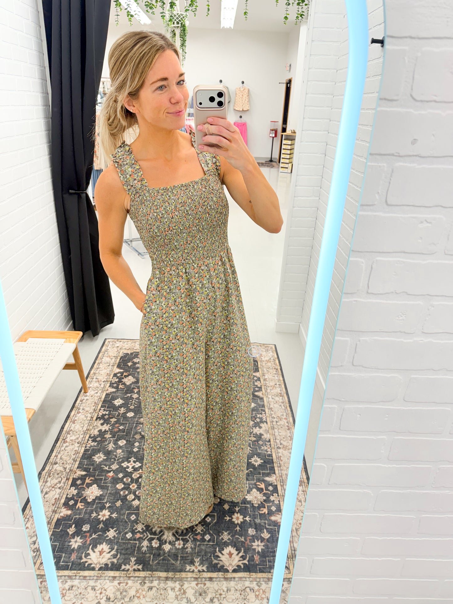 Never Better Ditsy Floral Smocked Wide Leg Jumpsuit Sage Large
