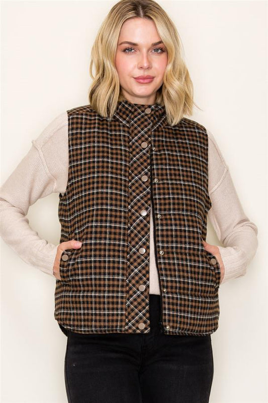 Around Here Plaid Puffer Vest Brown Mix