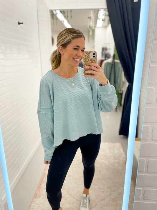 Her Time Waffle Knit Open Back Long Sleeve Top Sky Blue