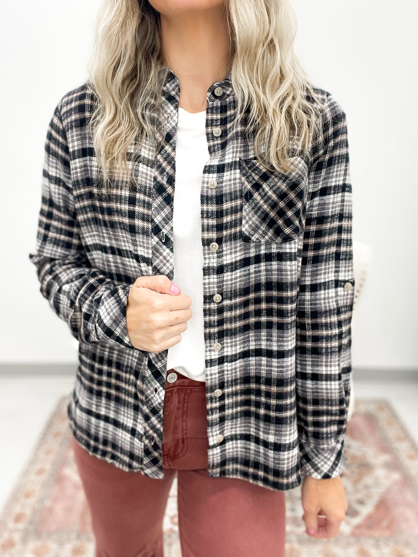 The Miley Plaid Flannel Top Cream Black