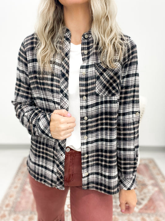 The Miley Plaid Flannel Top Cream Black Small, Large