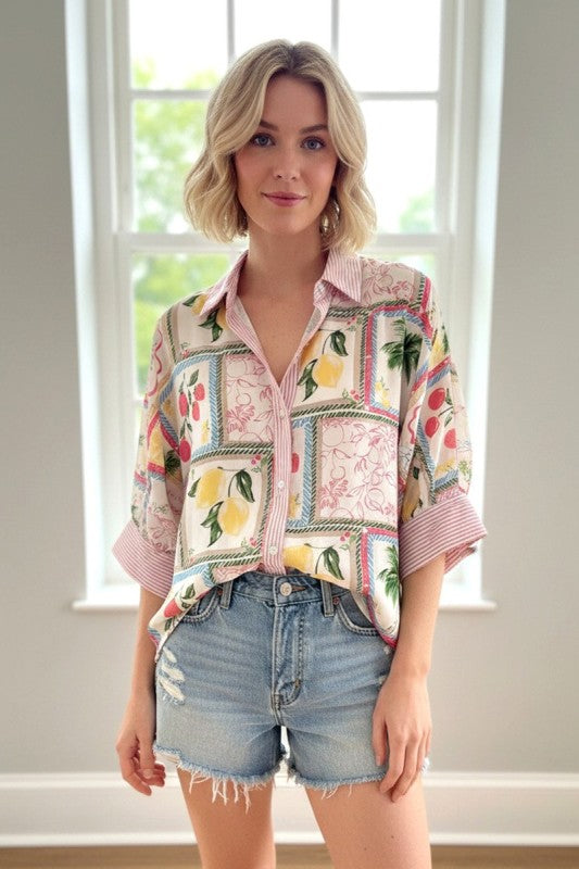 Vacation Mode Pinstripe Blocked Fruit Button Down Shirt