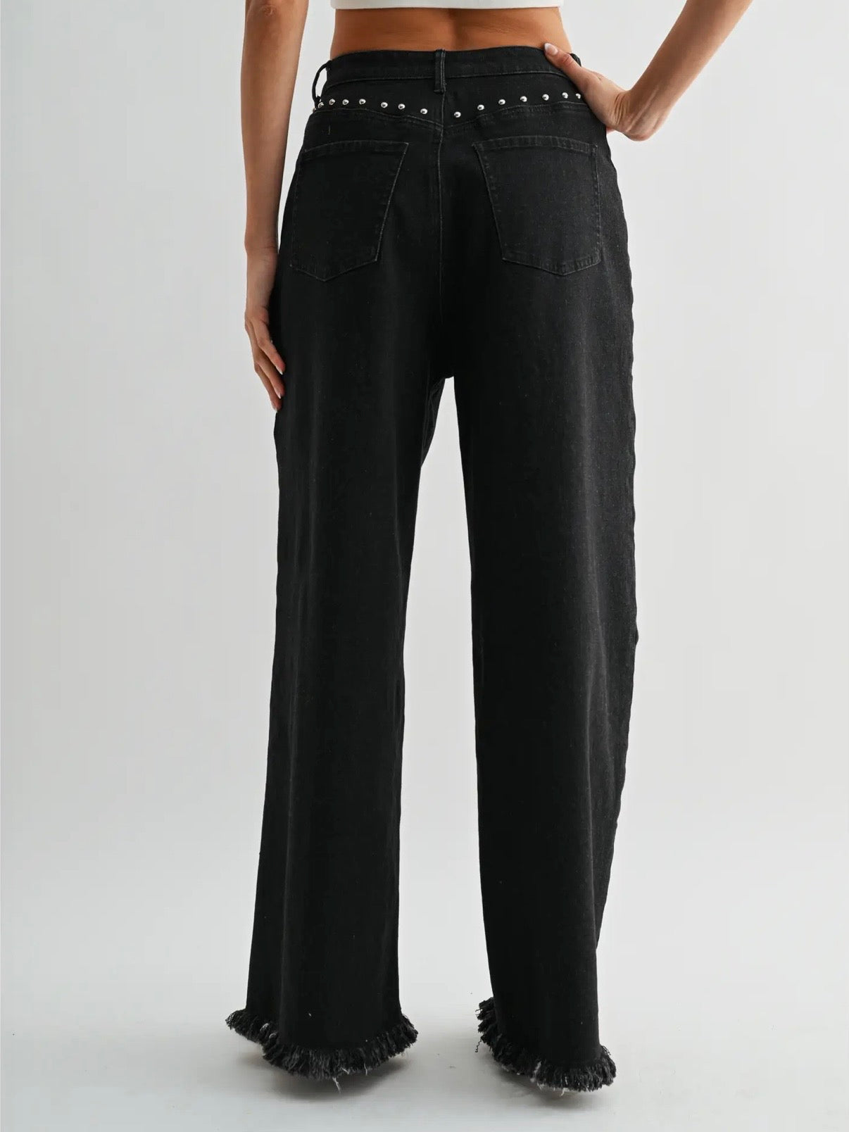 The Leah High Waisted Wide Leg Denim Stud Pants Black