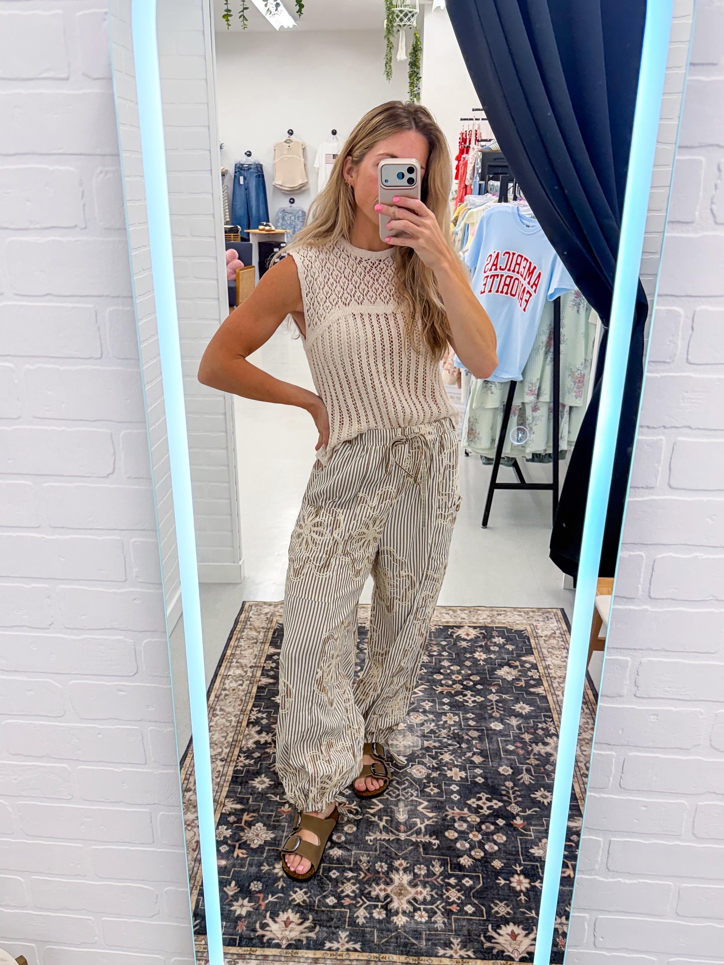 Free To Be Embroidered Striped Woven Pants Mocha