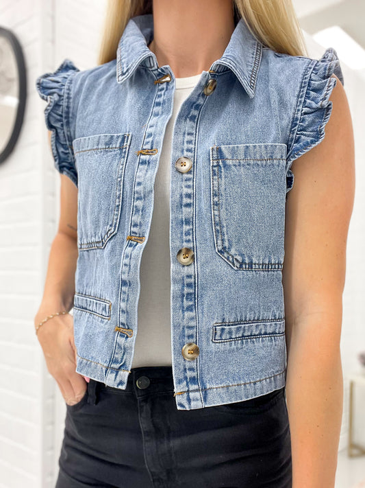 Her Moment Ruffle Detail Denim Vest