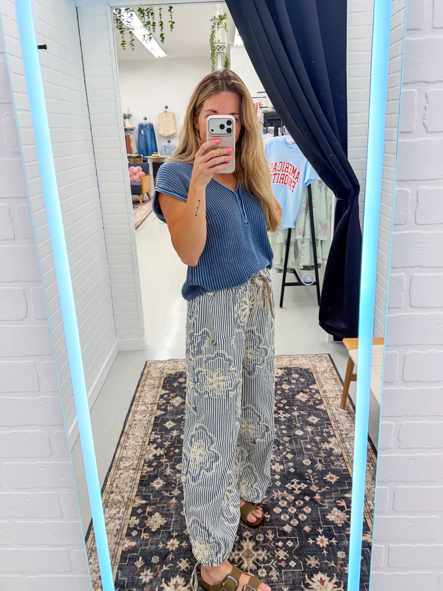 Free To Be Embroidered Striped Woven Pants Denim Blue