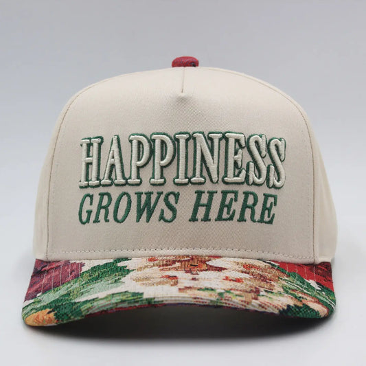Happiness Grows Here Embroidered Hat Floral Brim
