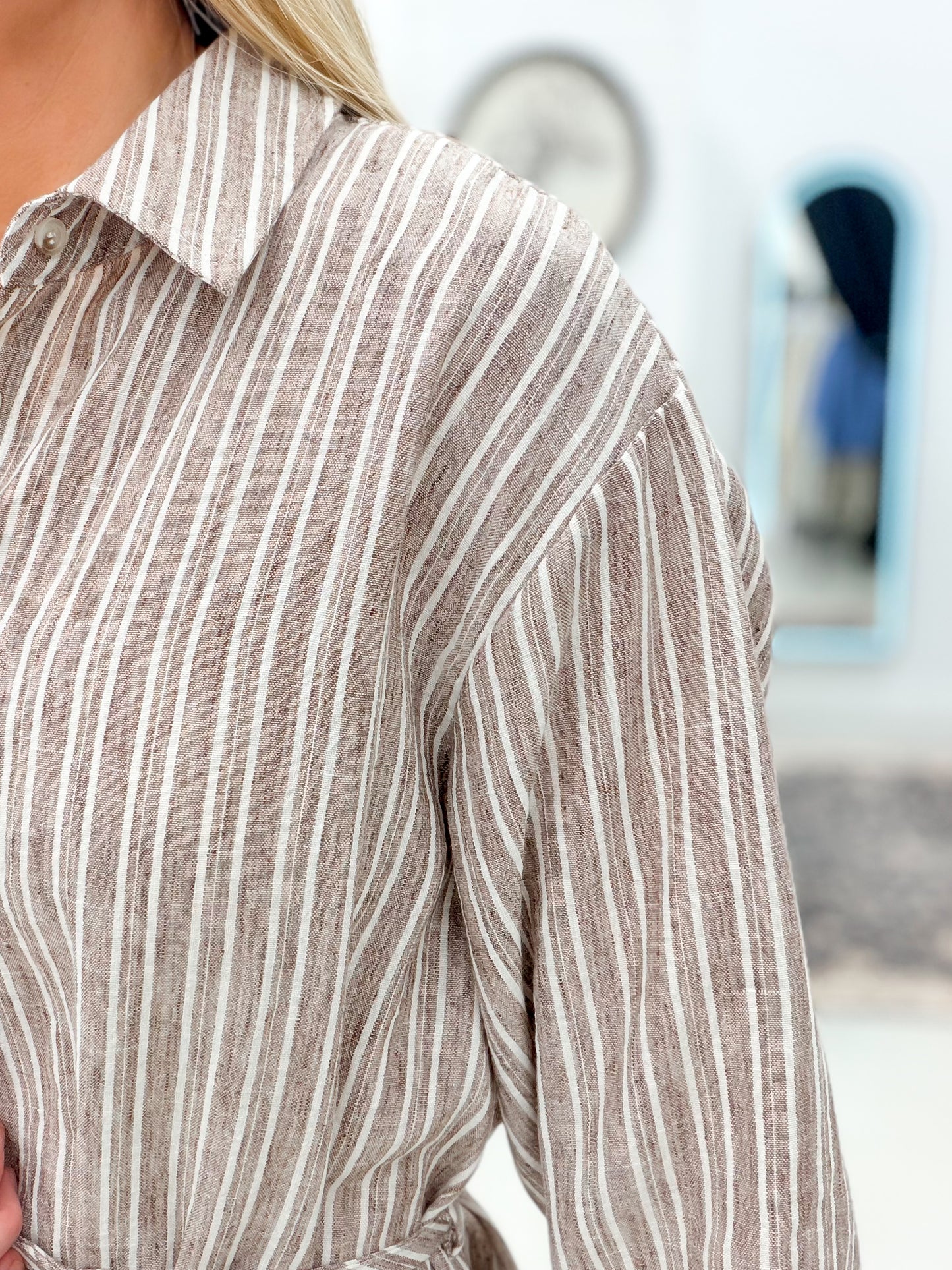 Jenna Lace Trim Striped Button Down Top Mocha Stripe