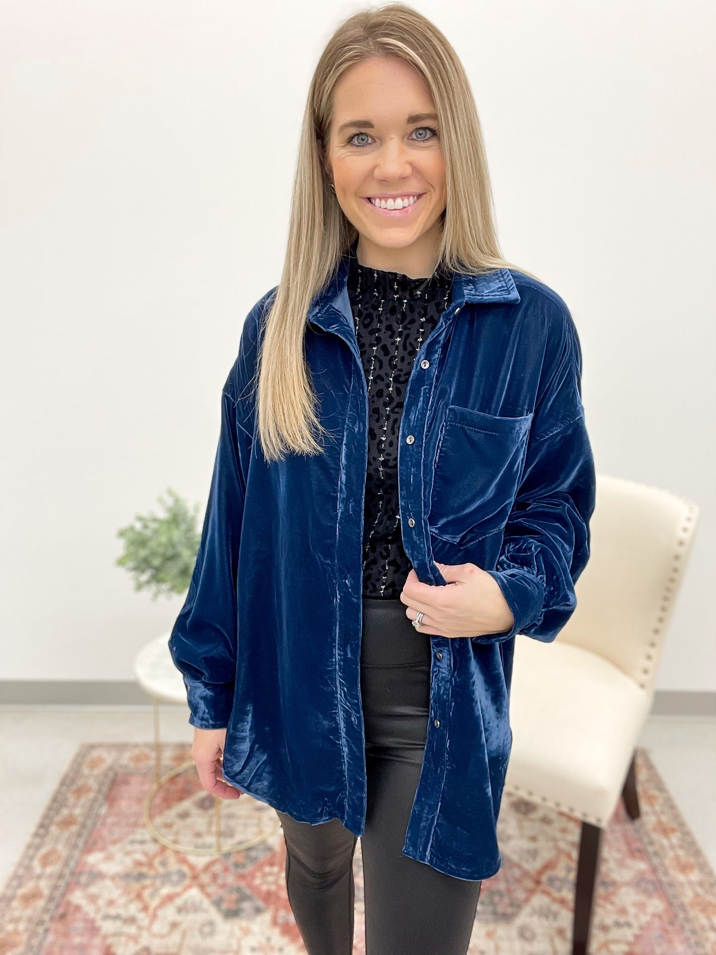 Night Out Velvet Button Down Top  Sapphire
