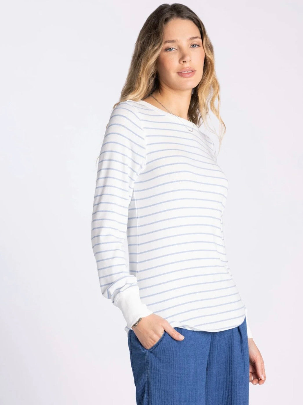 The Stacy Ribbed Top Ivory Blue Stripe