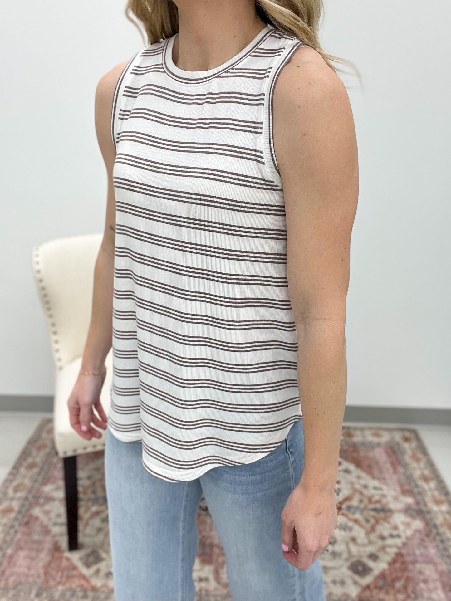 The Sinclair Tank White Taupe Stripe