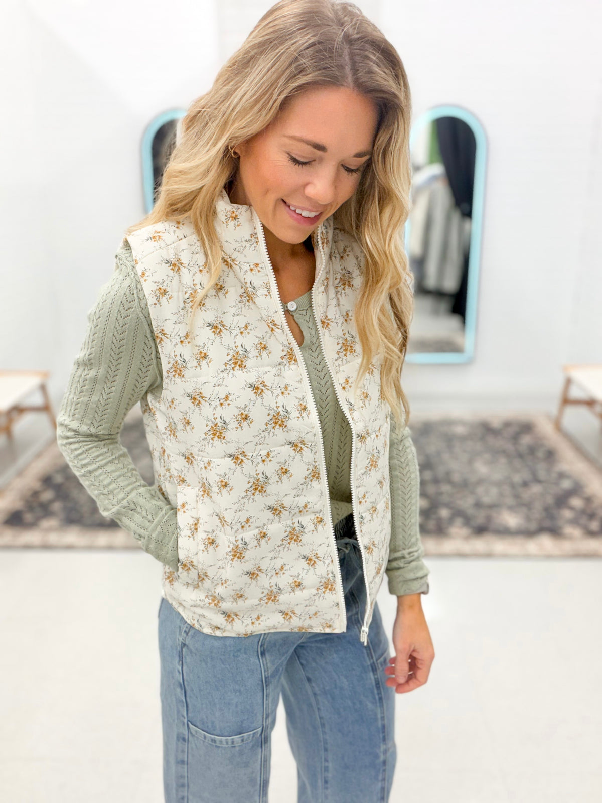 Full Bloom Floral Puffer Vest Ivory
