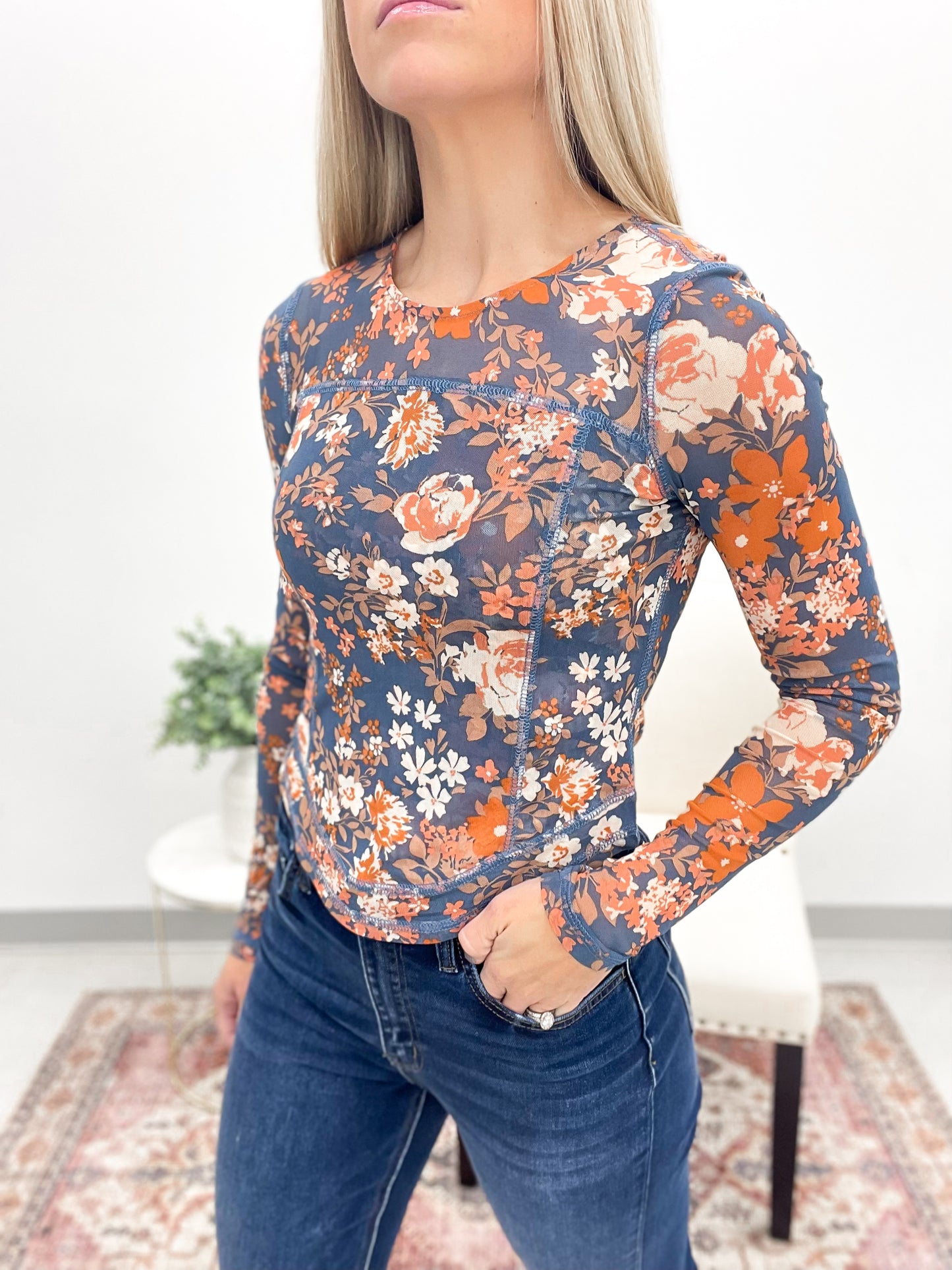 Only The Best Floral Print Mesh Top Blue