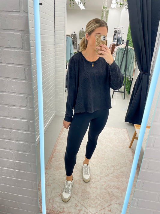 Her Time Waffle Knit Open Back Long Sleeve Top Black