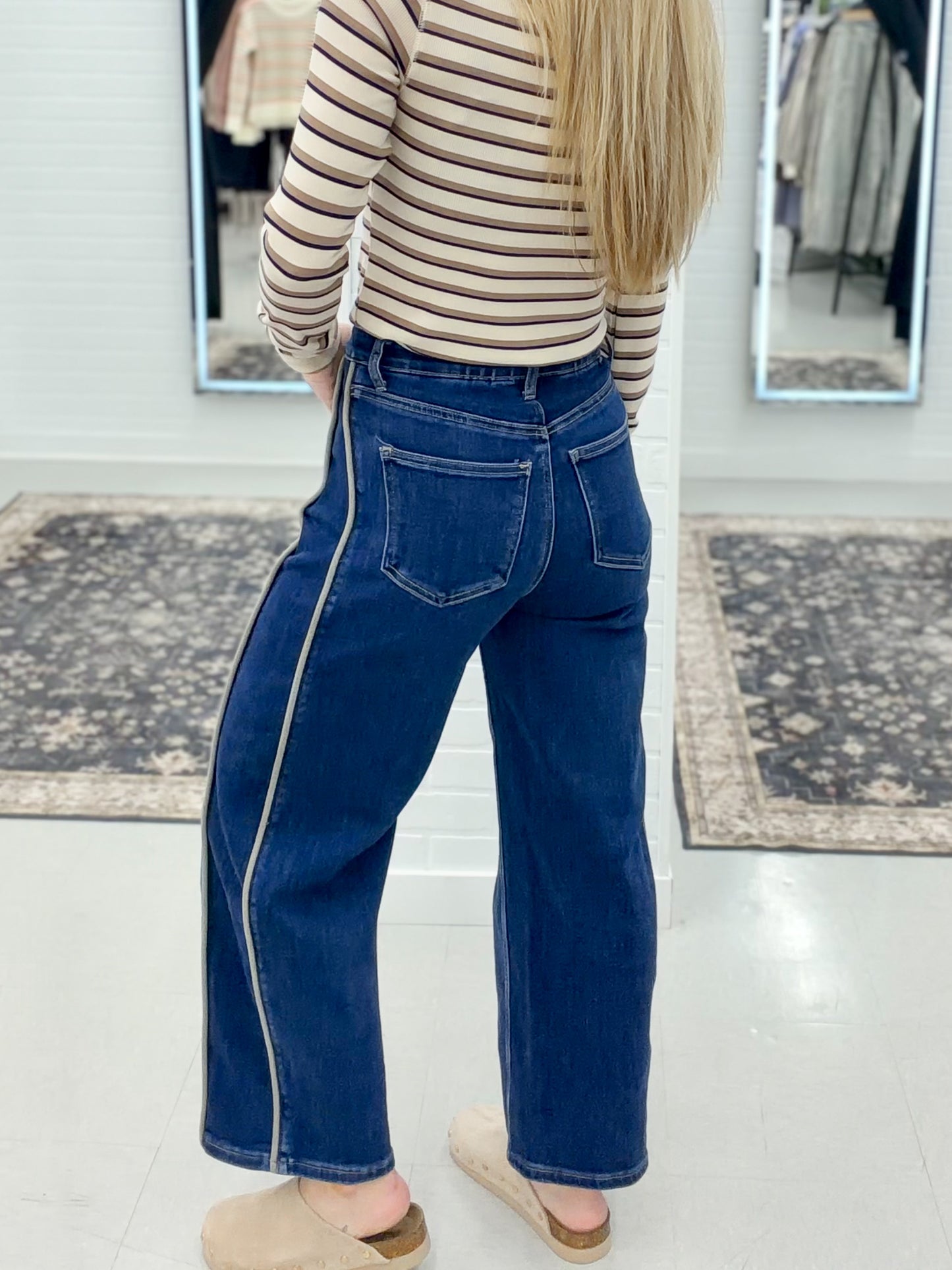 The Victoria High Rise Side Panel Barrel Jeans Dark Wash