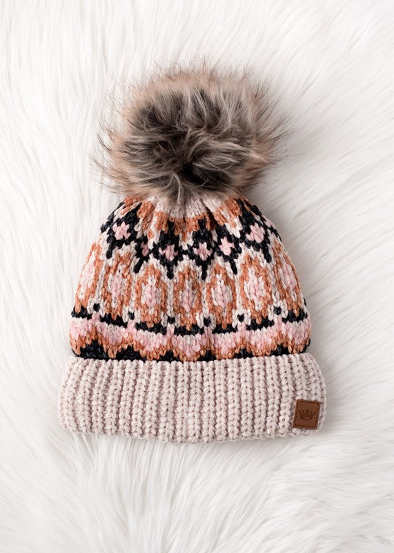 Beige And Multicolored Pattern Pom Beanie Hat